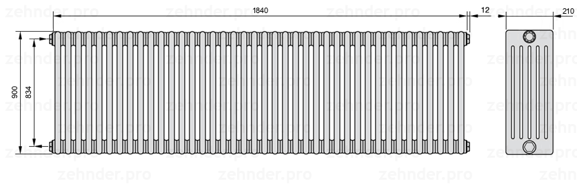 Схема (чертеж) Радиатор Zehnder Charleston 6090/40 №1270 Белый глянцевый RAL 9016